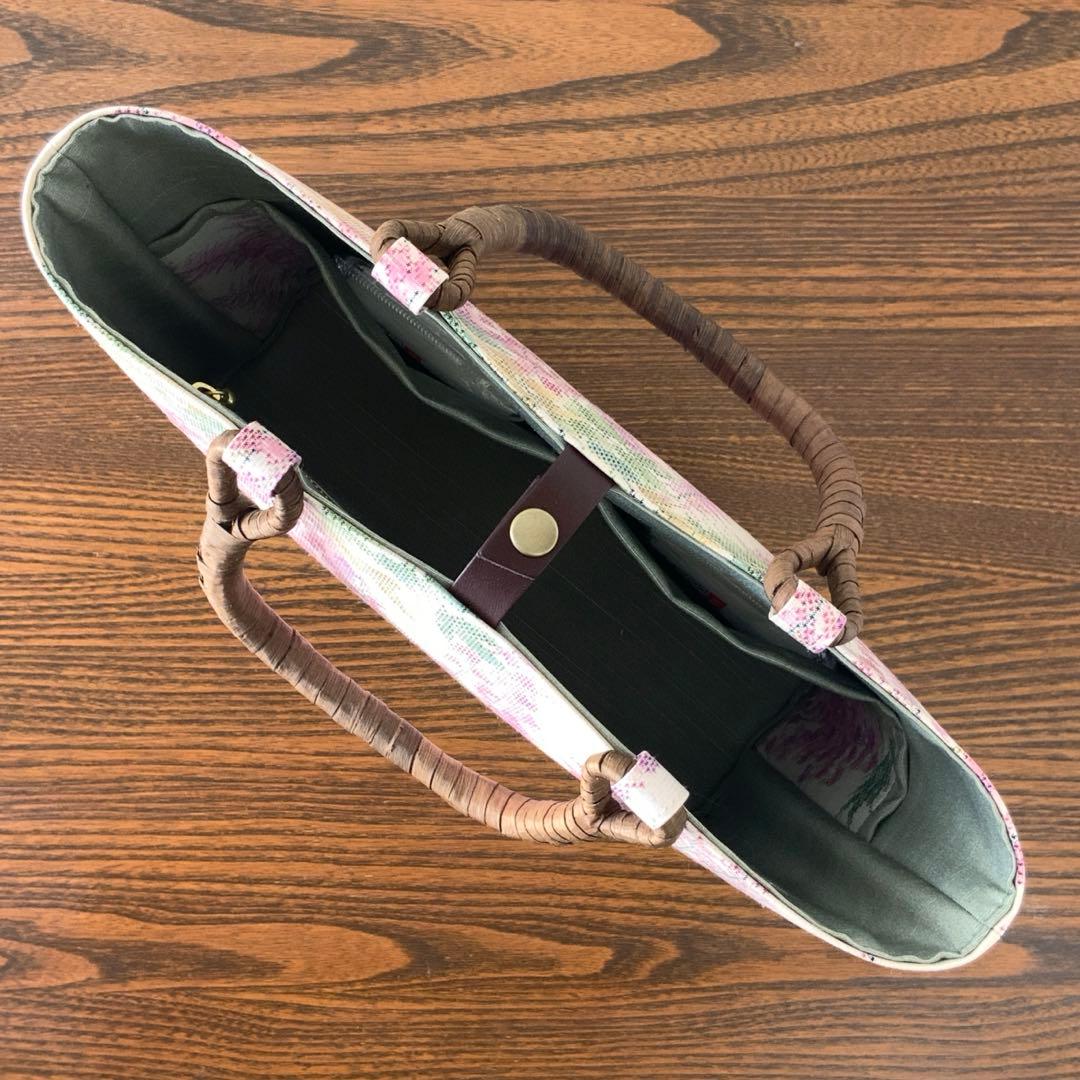 大島紬　満開の藤の花　リメイク　胡桃皮ハンドルバッグ