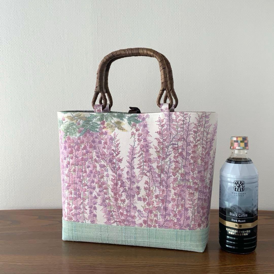 大島紬　満開の藤の花　リメイク　胡桃皮ハンドルバッグ