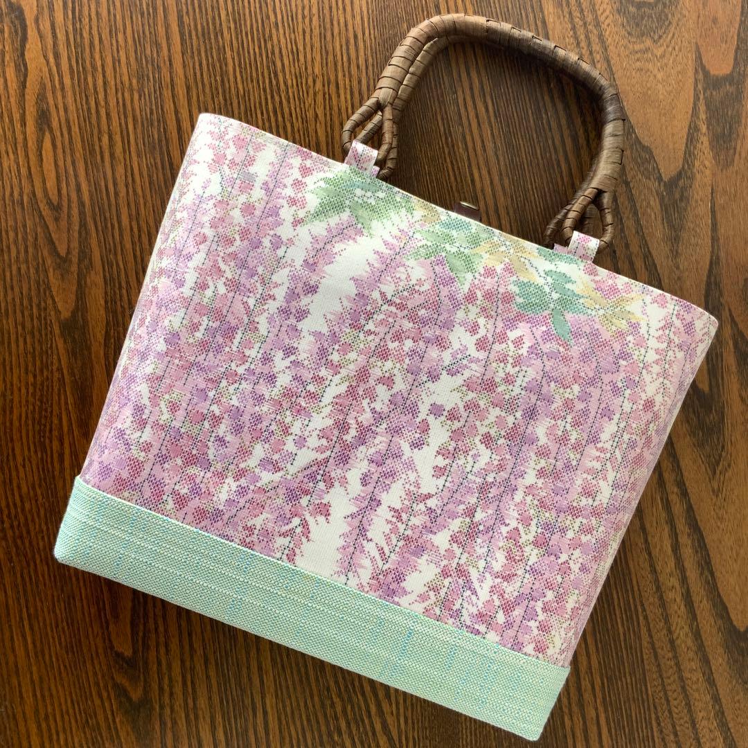 大島紬　満開の藤の花　リメイク　胡桃皮ハンドルバッグ