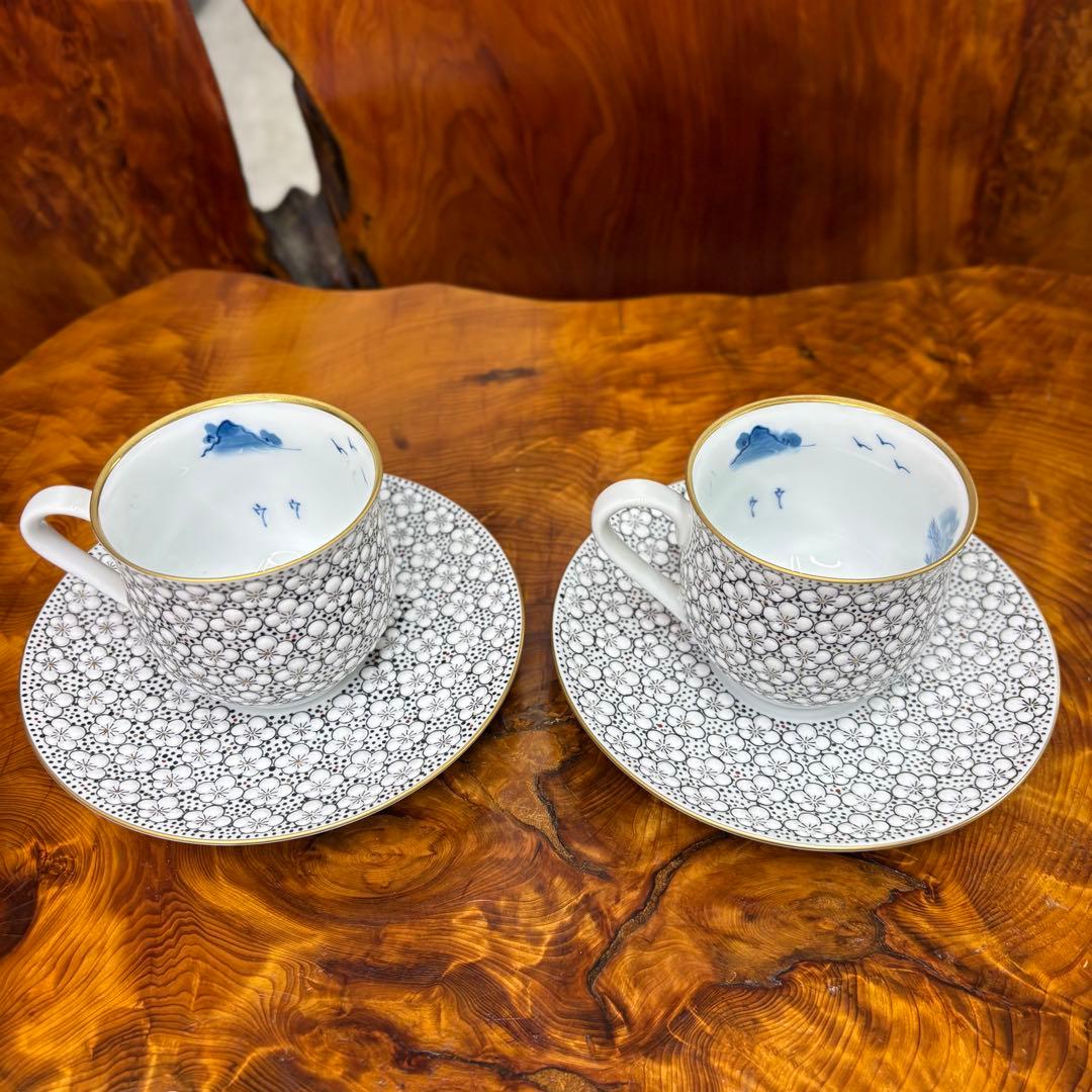 伊万里焼 畑萬陶苑 極細梅詰 コーヒーカップ&ソーサー　ペア　内絵　染付山水