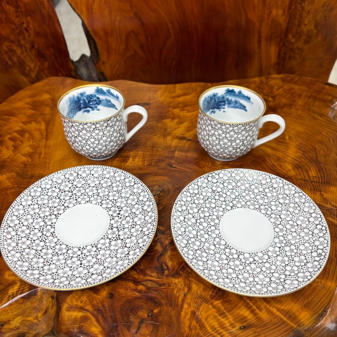 伊万里焼 畑萬陶苑 極細梅詰 コーヒーカップ&ソーサー　ペア　内絵　染付山水