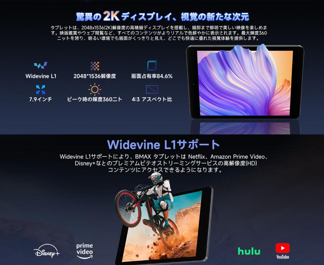 タブレット 7.9インチ 2K IPS画面　Android14