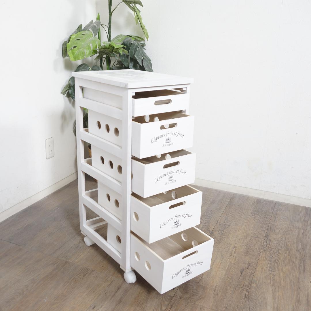 【新生活応援】タイル天板付 木製キッチンワゴン 5段チェスト 桐製 キャスター付