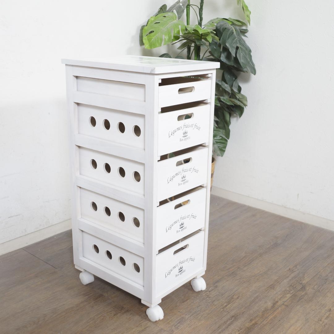 【新生活応援】タイル天板付 木製キッチンワゴン 5段チェスト 桐製 キャスター付