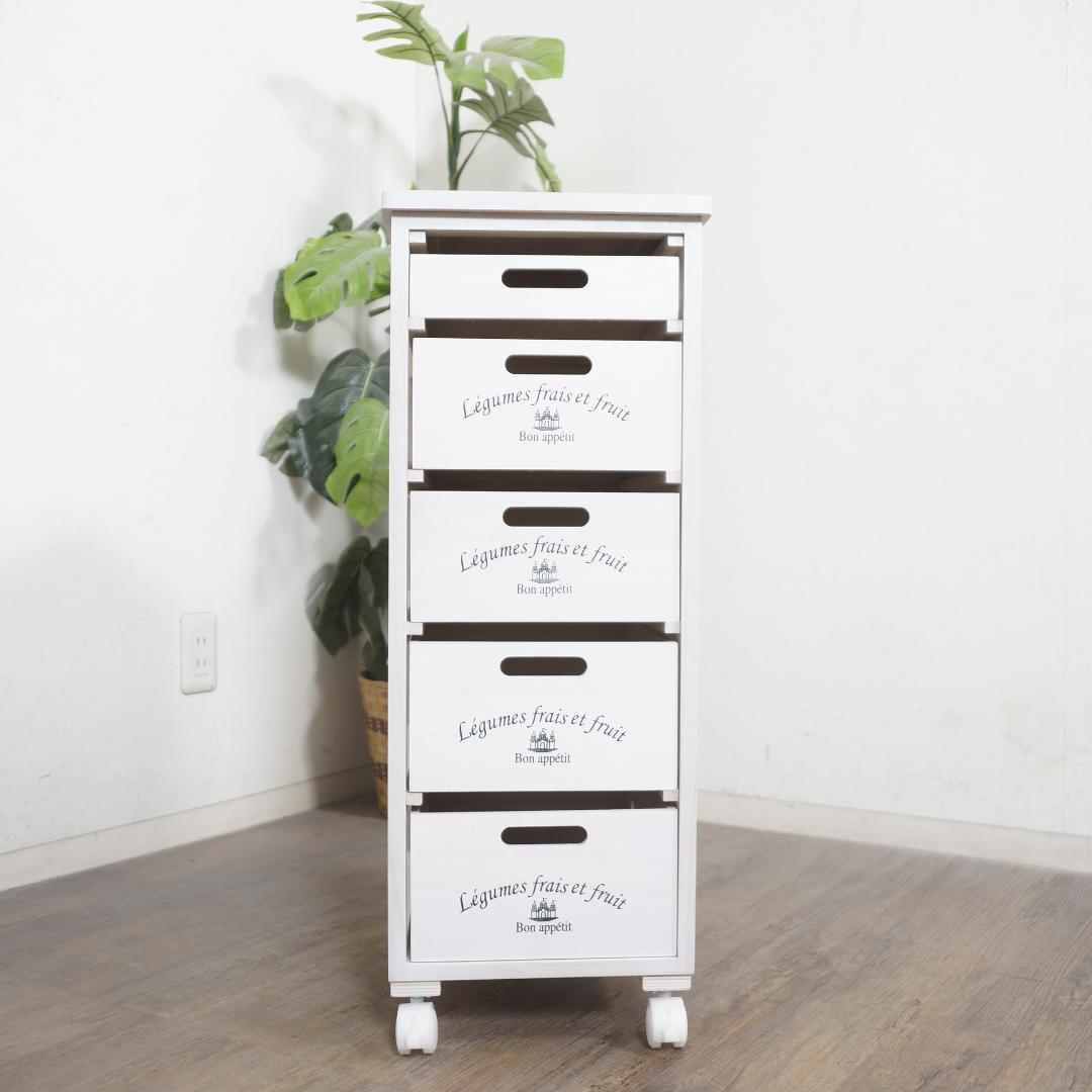 【新生活応援】タイル天板付 木製キッチンワゴン 5段チェスト 桐製 キャスター付