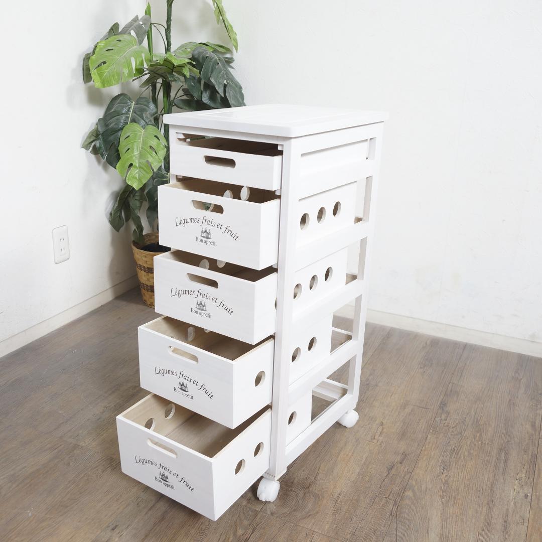 【新生活応援】タイル天板付 木製キッチンワゴン 5段チェスト 桐製 キャスター付