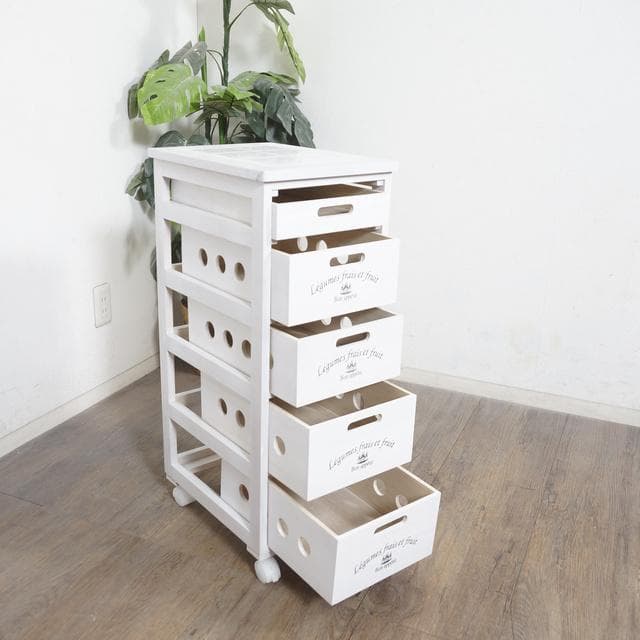 【新生活応援】タイル天板付 木製キッチンワゴン 5段チェスト 桐製 キャスター付