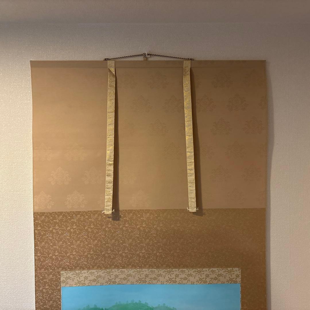 掛軸 田中芳夫 京の朝 渡月橋 新緑 共箱 太巻仕立て