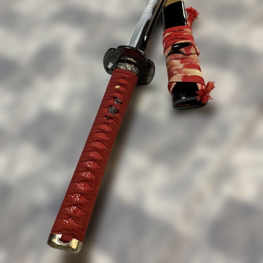 豪華版模造刀 赤柄赤鮫皮 南妙法蓮華経鍔 ツートン呂鞘