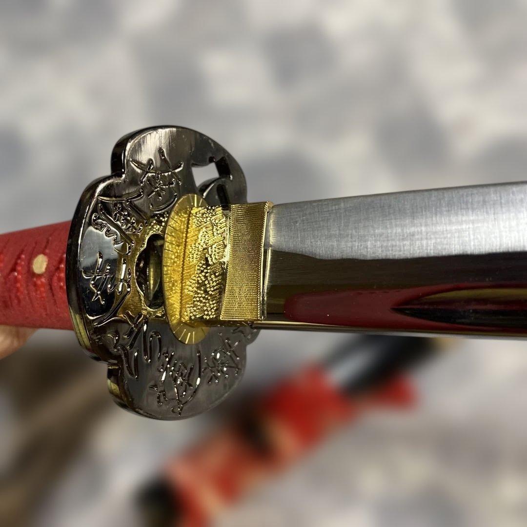 豪華版模造刀 赤柄赤鮫皮 南妙法蓮華経鍔 ツートン呂鞘