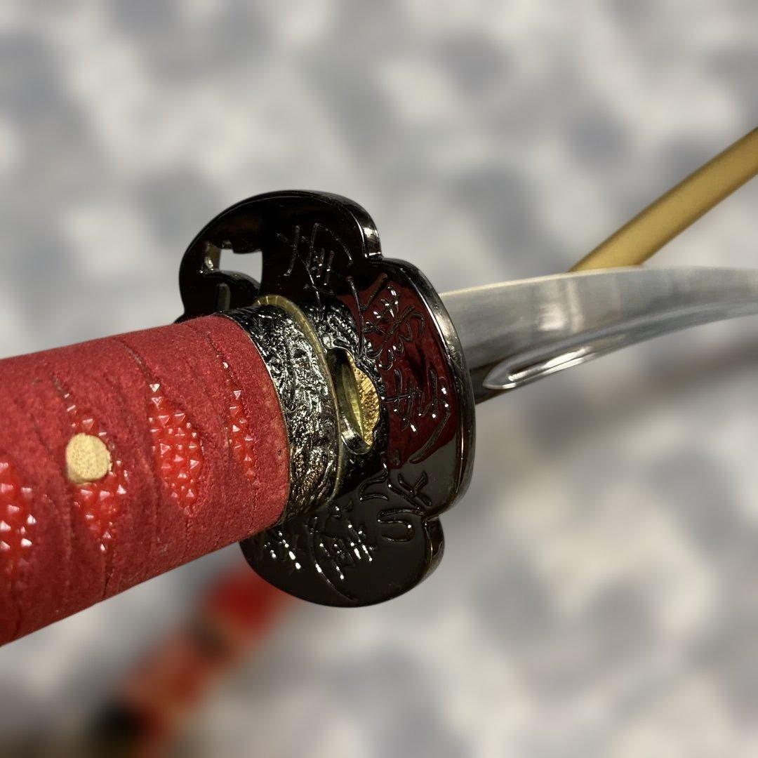 豪華版模造刀 赤柄赤鮫皮 南妙法蓮華経鍔 ツートン呂鞘