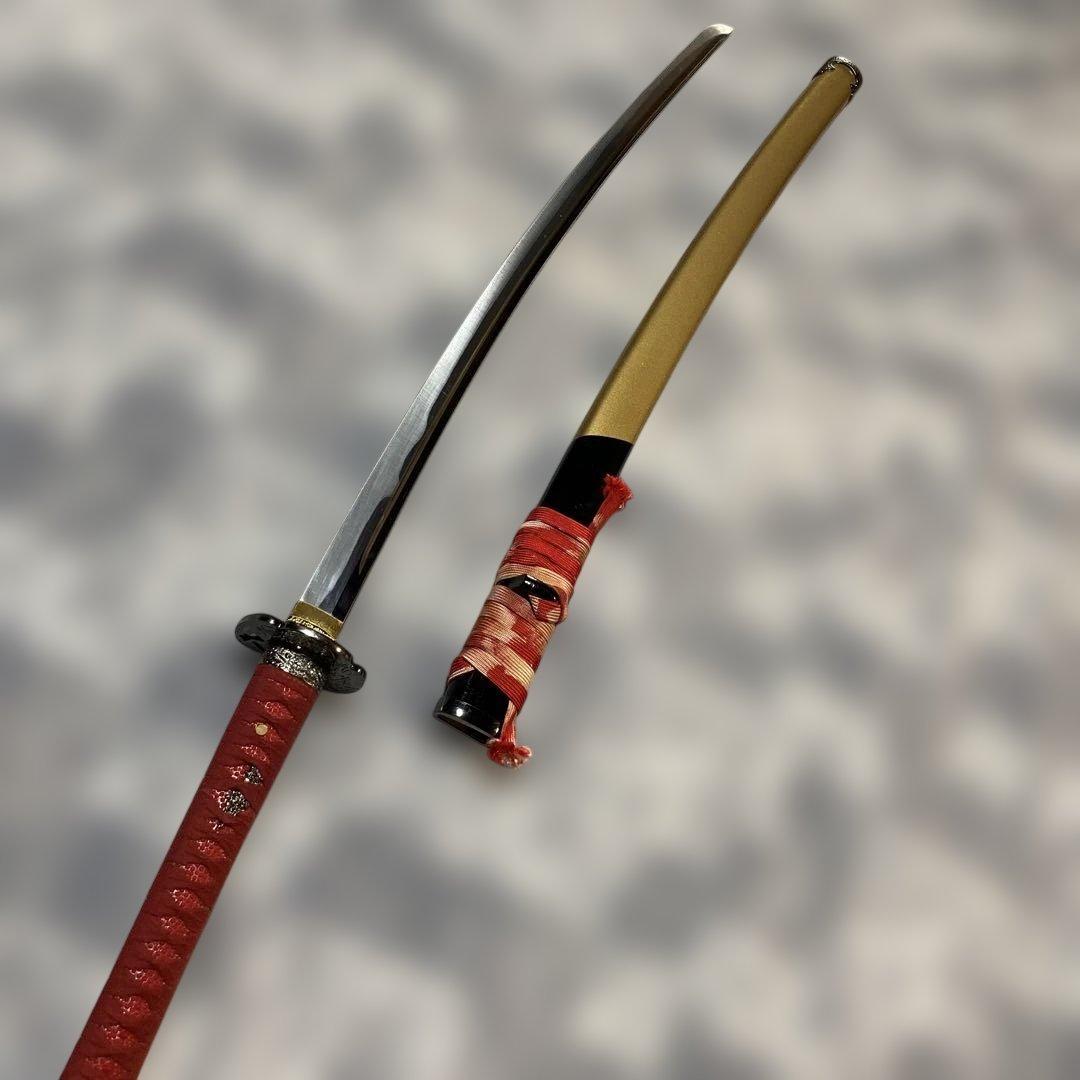 豪華版模造刀 赤柄赤鮫皮 南妙法蓮華経鍔 ツートン呂鞘