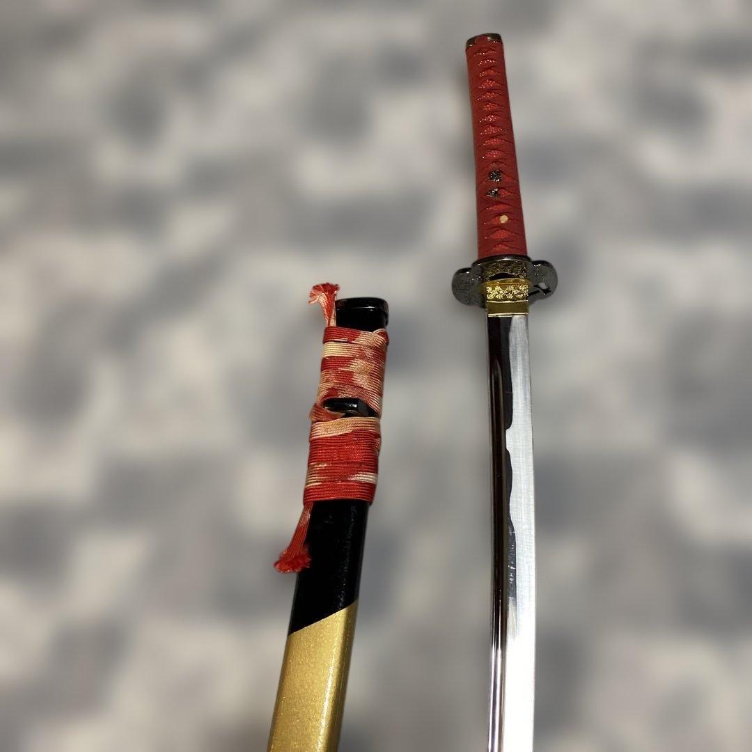 豪華版模造刀 赤柄赤鮫皮 南妙法蓮華経鍔 ツートン呂鞘