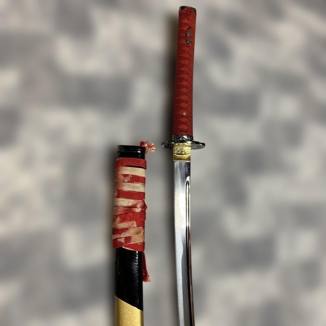 豪華版模造刀 赤柄赤鮫皮 南妙法蓮華経鍔 ツートン呂鞘