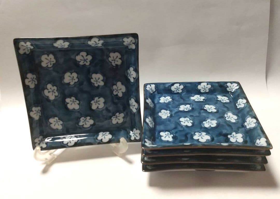 源右衛門 染付 古染風梅紋 四角 銘々皿 5枚組