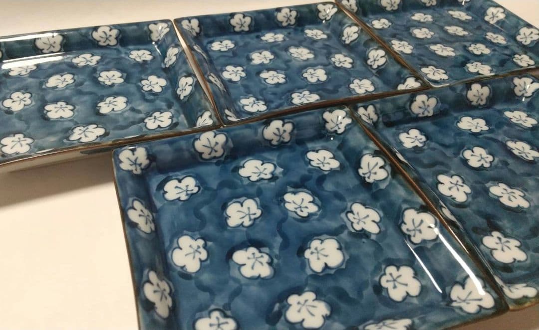 源右衛門 染付 古染風梅紋 四角 銘々皿 5枚組