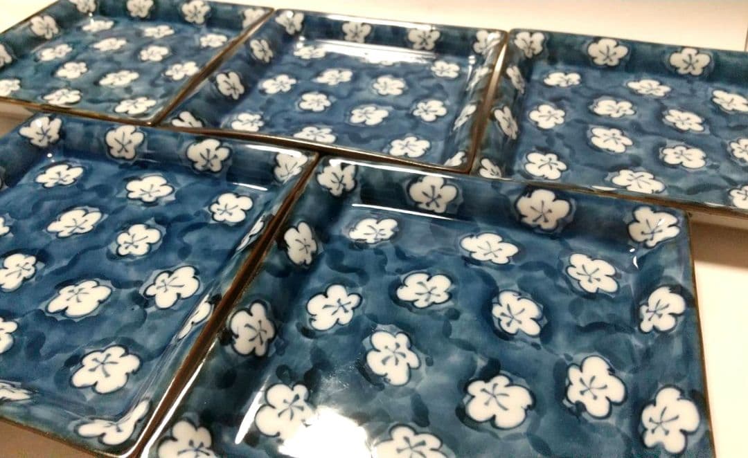 源右衛門 染付 古染風梅紋 四角 銘々皿 5枚組