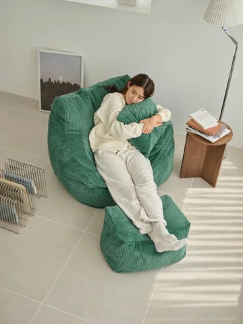 【美品】LOOSY 1人掛けソファ　グリーン　オットマン付き　ビーズクッション