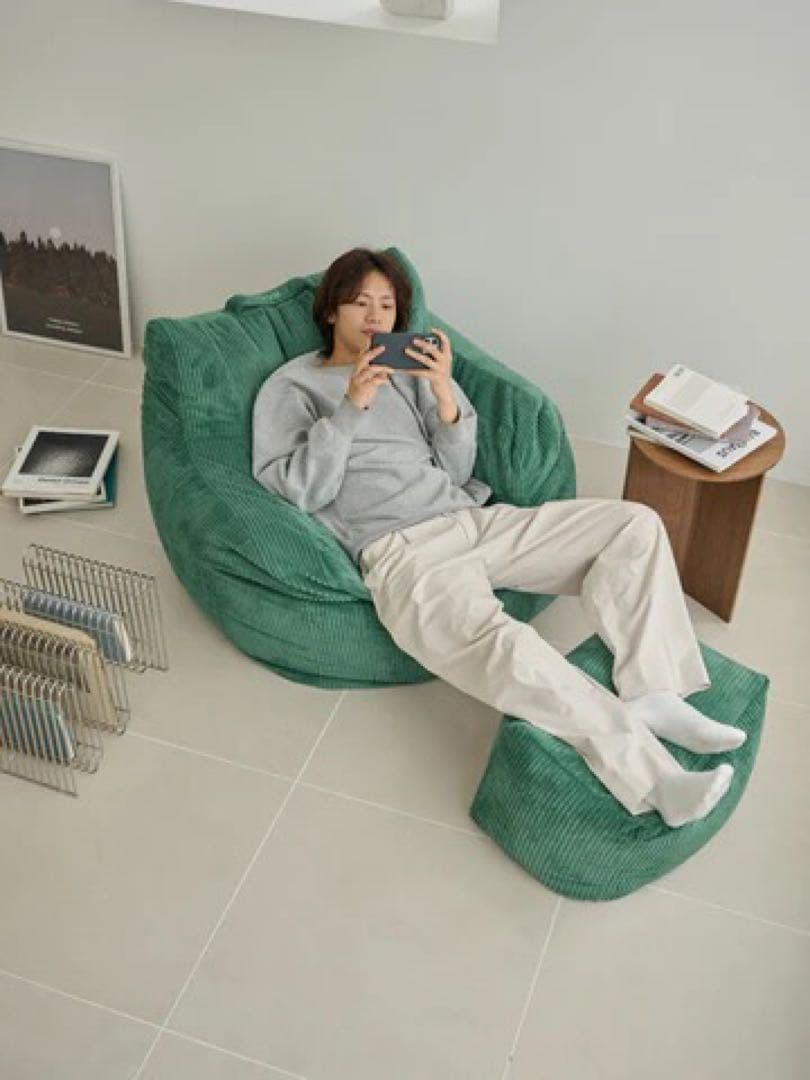 【美品】LOOSY 1人掛けソファ　グリーン　オットマン付き　ビーズクッション
