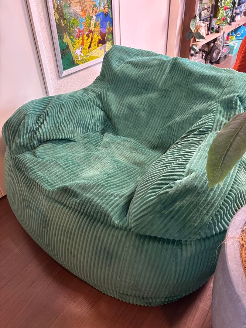 【美品】LOOSY 1人掛けソファ　グリーン　オットマン付き　ビーズクッション