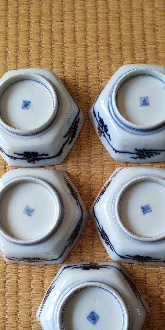 江戸幕末　古伊万里　錦絵　六角向付5個セット　骨董　アンティーク