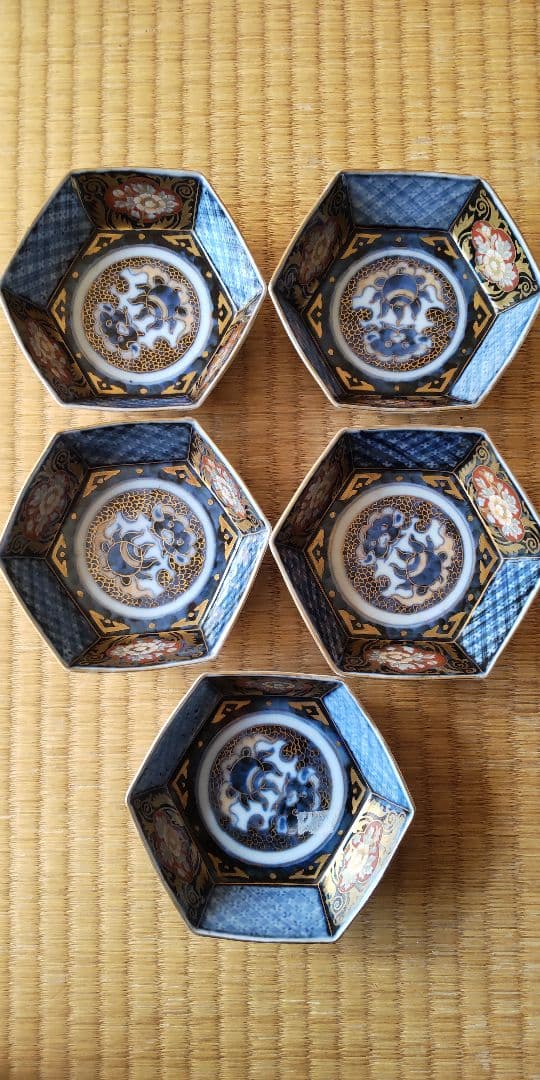 江戸幕末　古伊万里　錦絵　六角向付5個セット　骨董　アンティーク