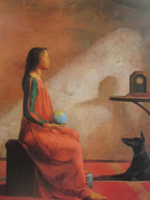 弥富節子、【時の足音】、希少な額装用画集画、新品高級額 額装付