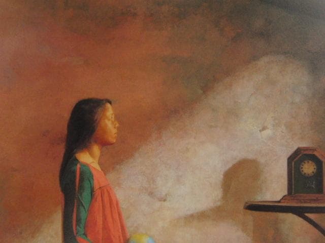 弥富節子、【時の足音】、希少な額装用画集画、新品高級額 額装付