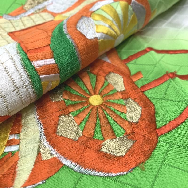 511ag23■七五三 七歳 女児 着物&袋帯 刺繍 御所車 黄緑■状態良好