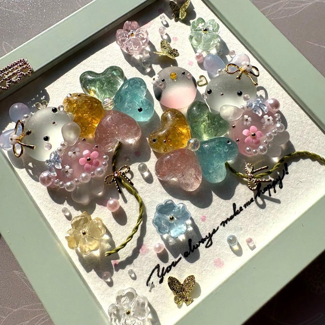 ♡カラフルクローバーで空の旅♡シーグラスアート ガラス うさぎ モモイロインコ
