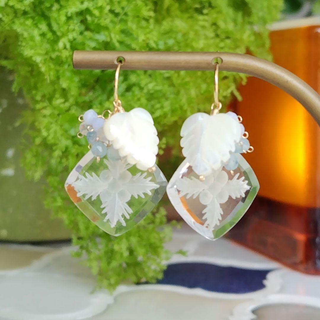 １4Kgf天然石着せ替えピアス　ALO～HA♡ハワイアンキルト柄バックカービング