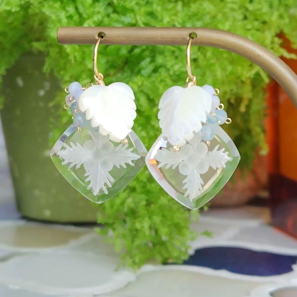 １4Kgf天然石着せ替えピアス　ALO～HA♡ハワイアンキルト柄バックカービング