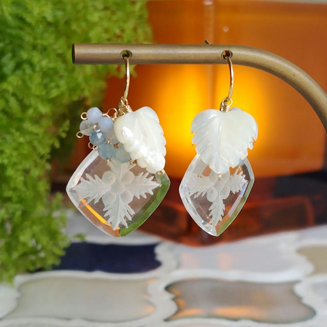 １4Kgf天然石着せ替えピアス　ALO～HA♡ハワイアンキルト柄バックカービング