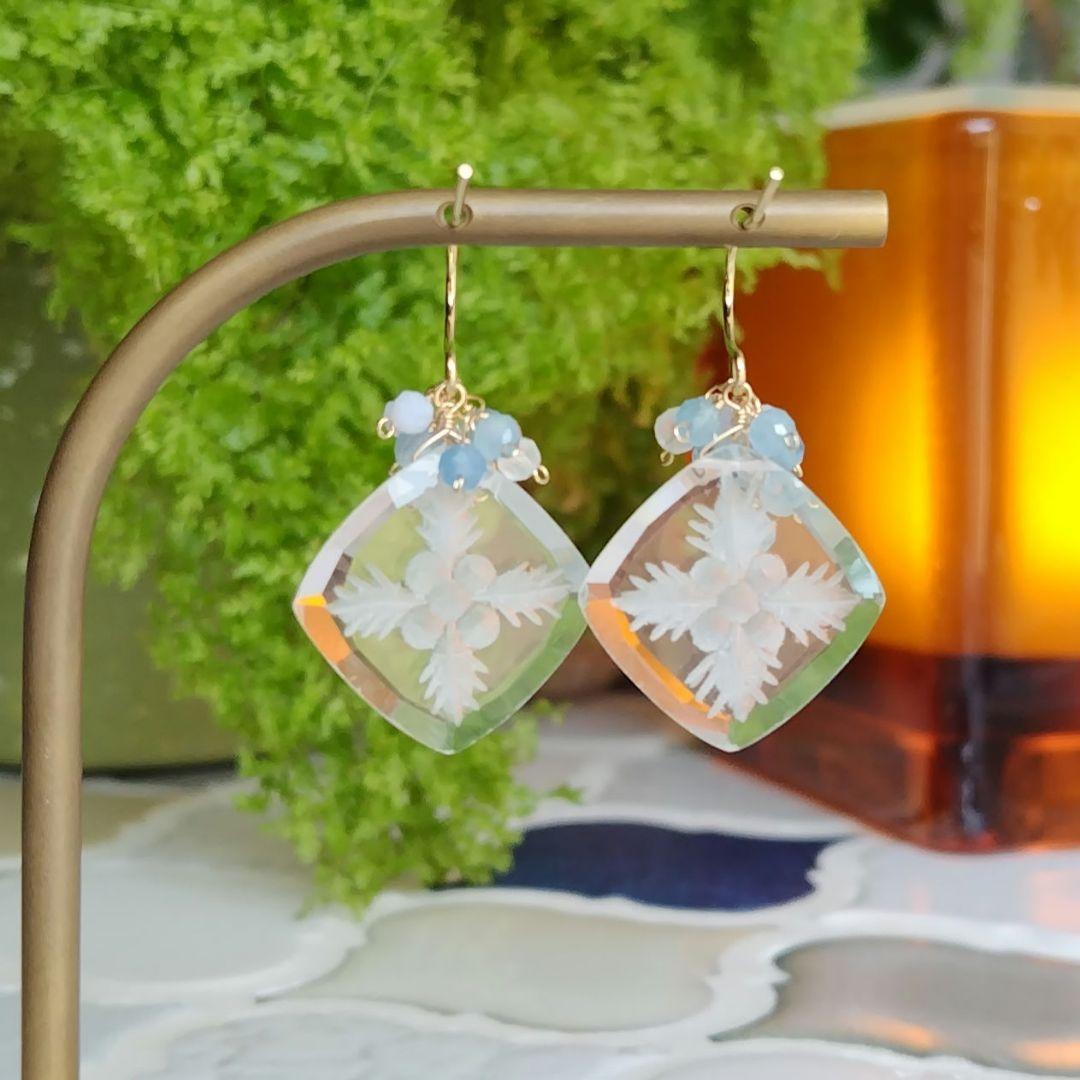 １4Kgf天然石着せ替えピアス　ALO～HA♡ハワイアンキルト柄バックカービング