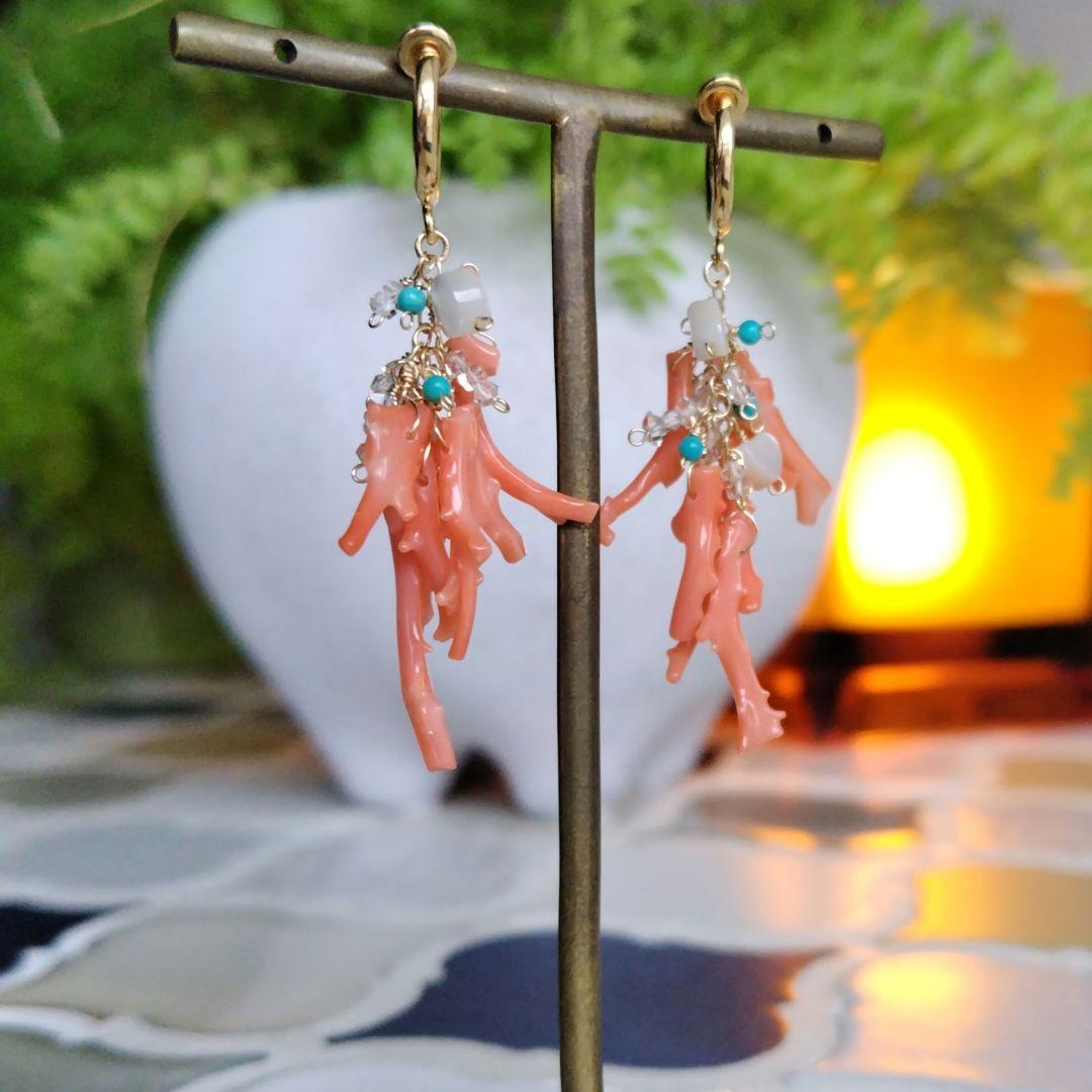 １4Kgf天然石着せ替えピアス　ALO～HA♡ハワイアンキルト柄バックカービング