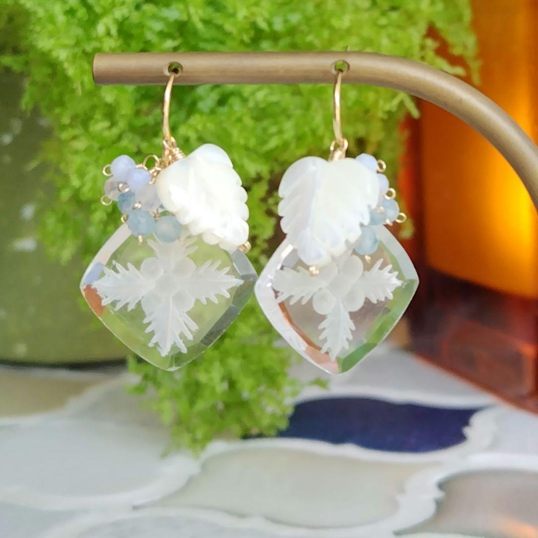 １4Kgf天然石着せ替えピアス　ALO～HA♡ハワイアンキルト柄バックカービング