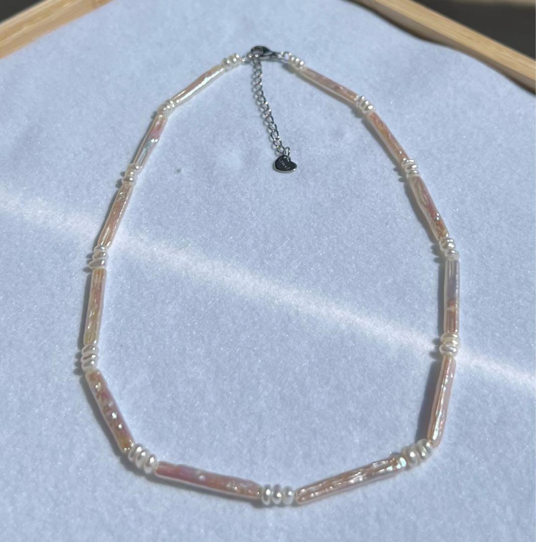 フラットスクエアパールネックレス　スティックパールネックレス　パールネックレス