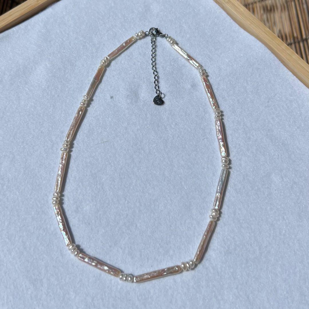 フラットスクエアパールネックレス　スティックパールネックレス　パールネックレス