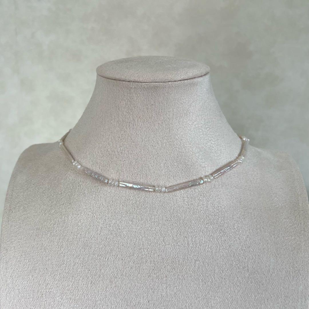 フラットスクエアパールネックレス　スティックパールネックレス　パールネックレス