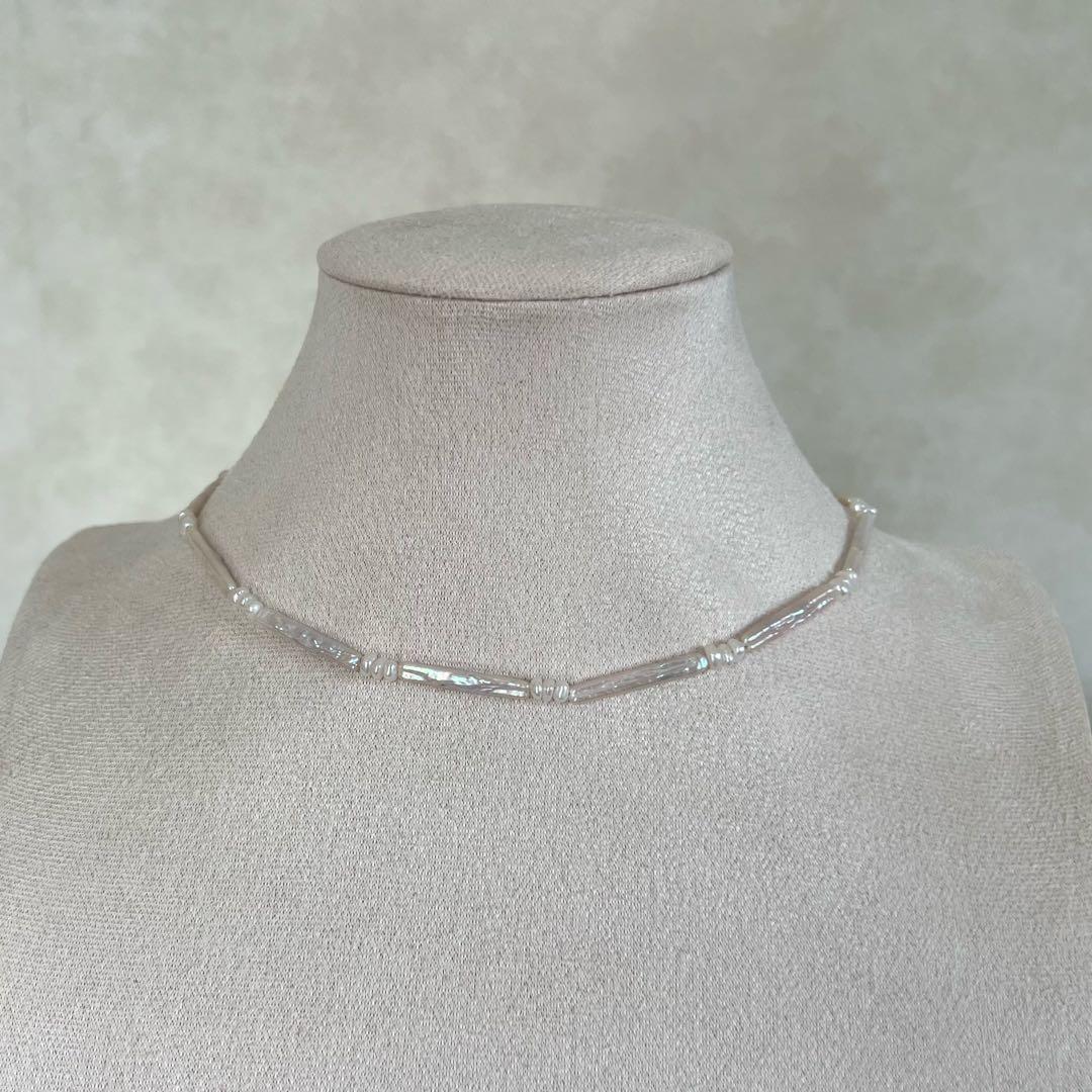 フラットスクエアパールネックレス　スティックパールネックレス　パールネックレス