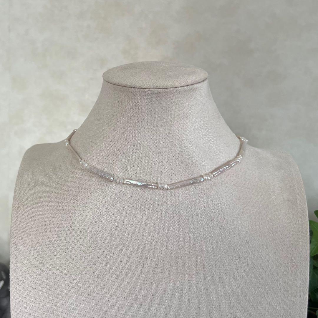 フラットスクエアパールネックレス　スティックパールネックレス　パールネックレス