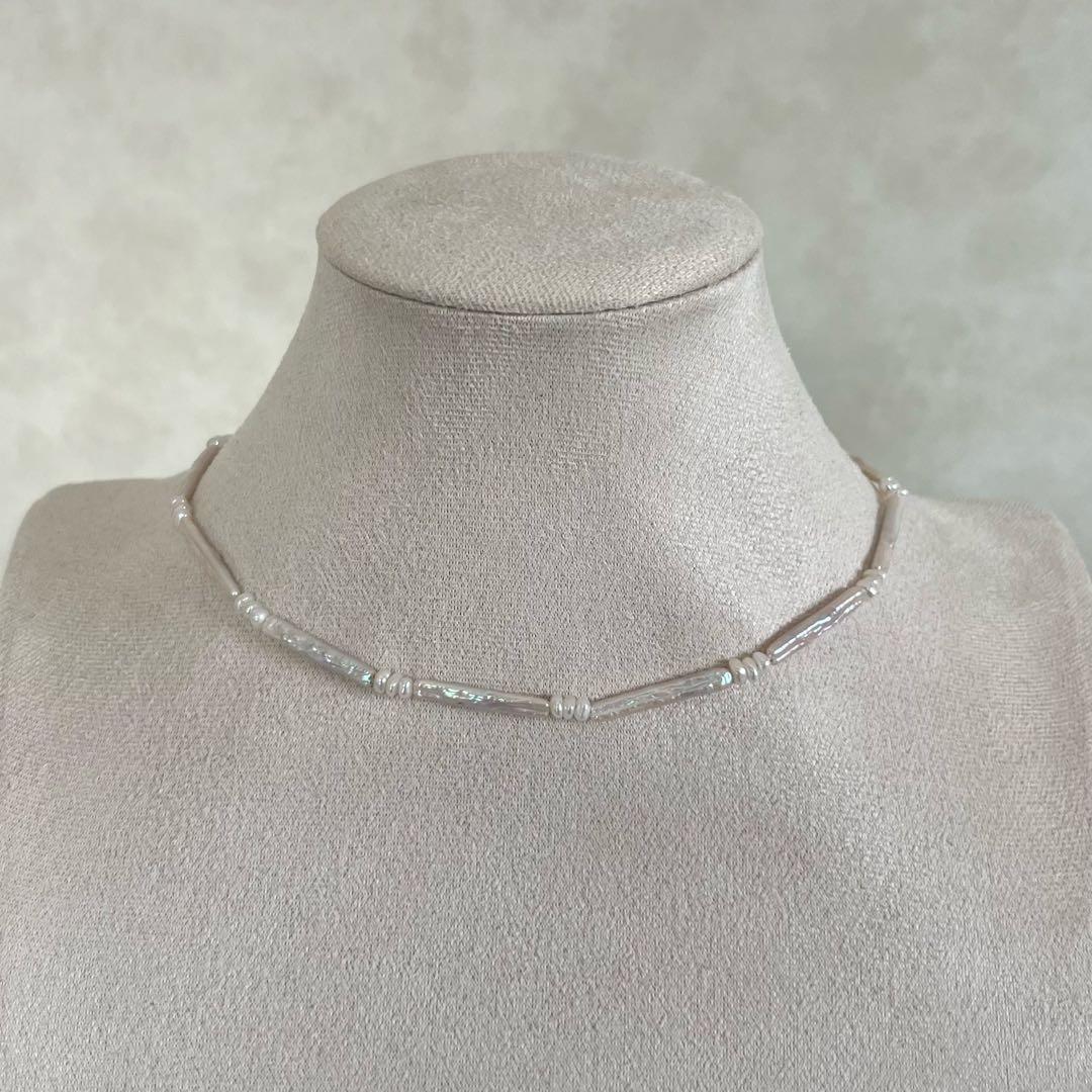 フラットスクエアパールネックレス　スティックパールネックレス　パールネックレス