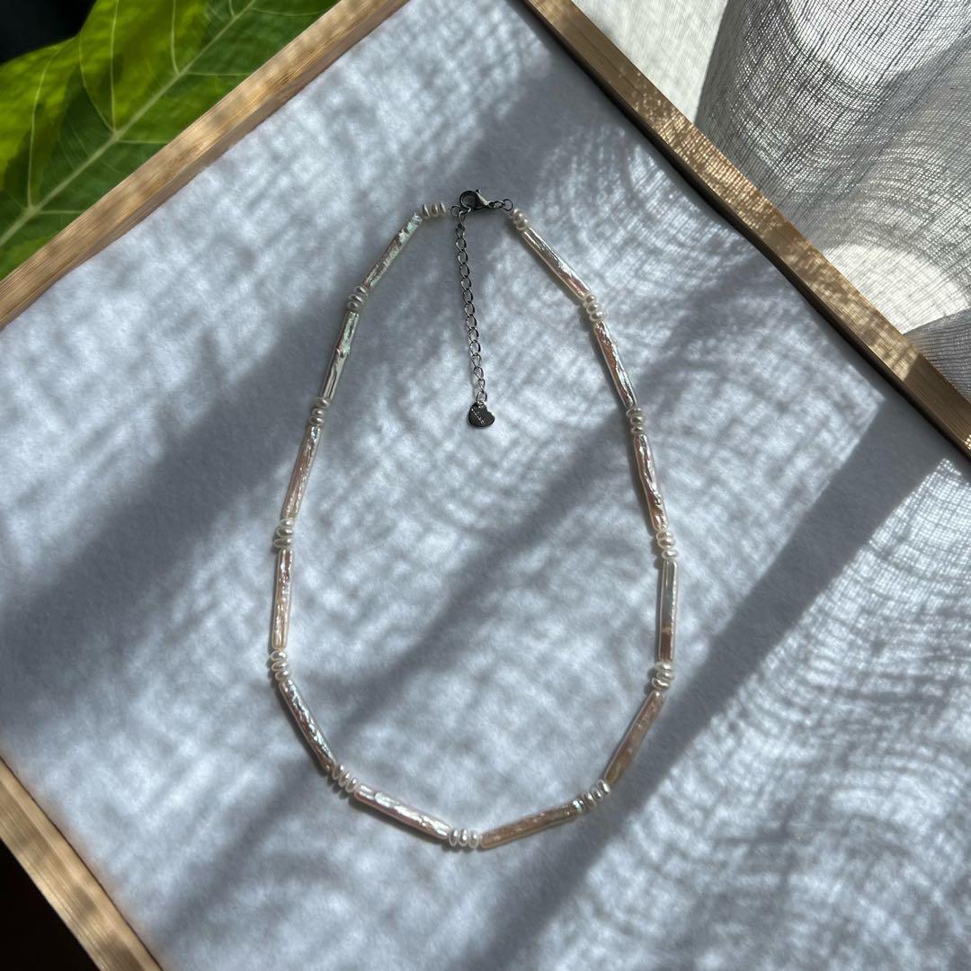 フラットスクエアパールネックレス　スティックパールネックレス　パールネックレス