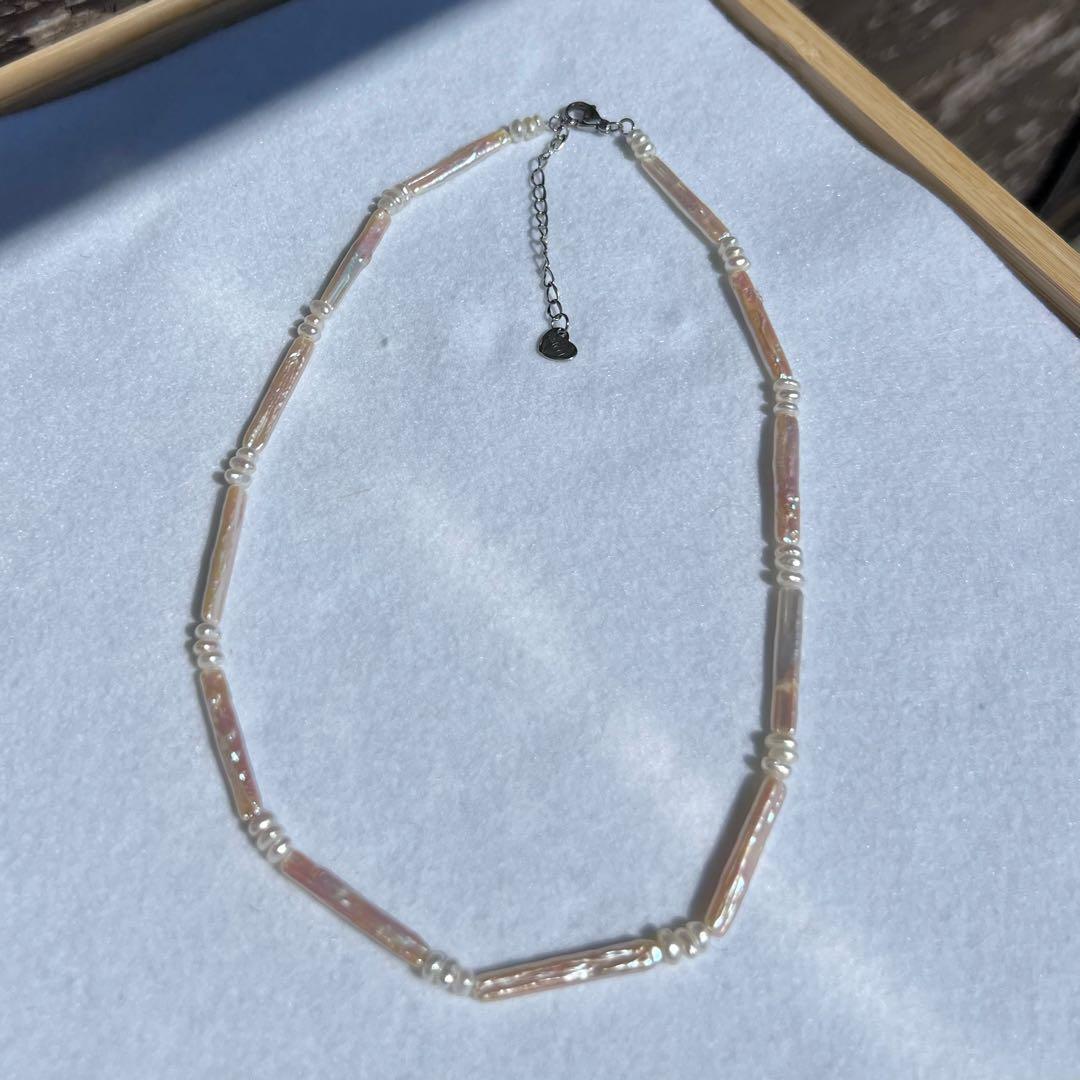 フラットスクエアパールネックレス　スティックパールネックレス　パールネックレス