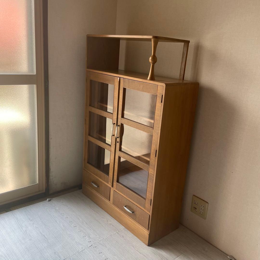 飾り棚　古道具　キャビネット　昭和レトロ　食器棚　シェルフ　木製　昭和ガラス