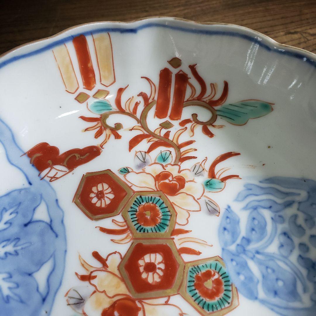 なます皿 古伊万里 色絵付 染付 花唐草 丸文様 亀甲 窯傷 イ号