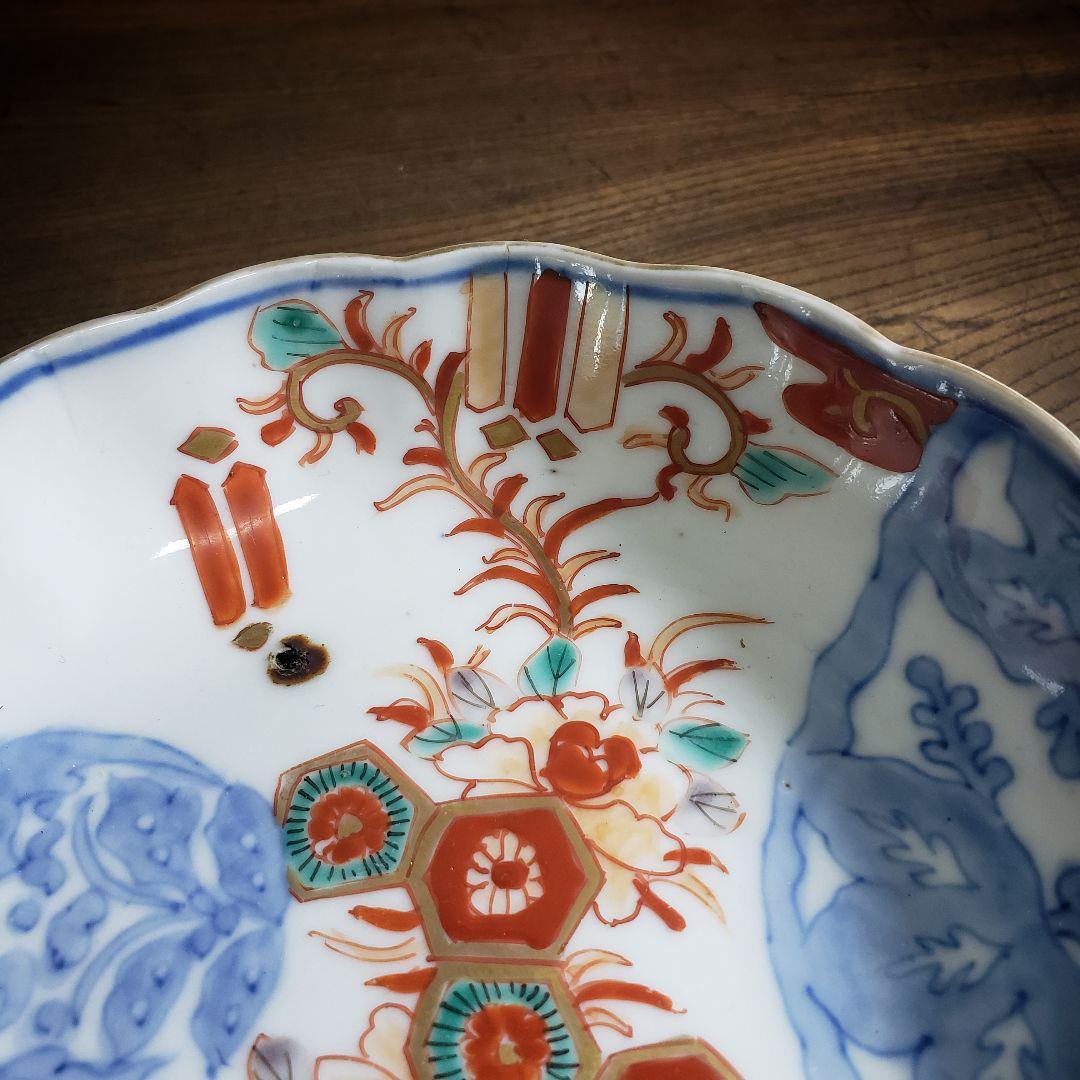 なます皿 古伊万里 色絵付 染付 花唐草 丸文様 亀甲 窯傷 イ号