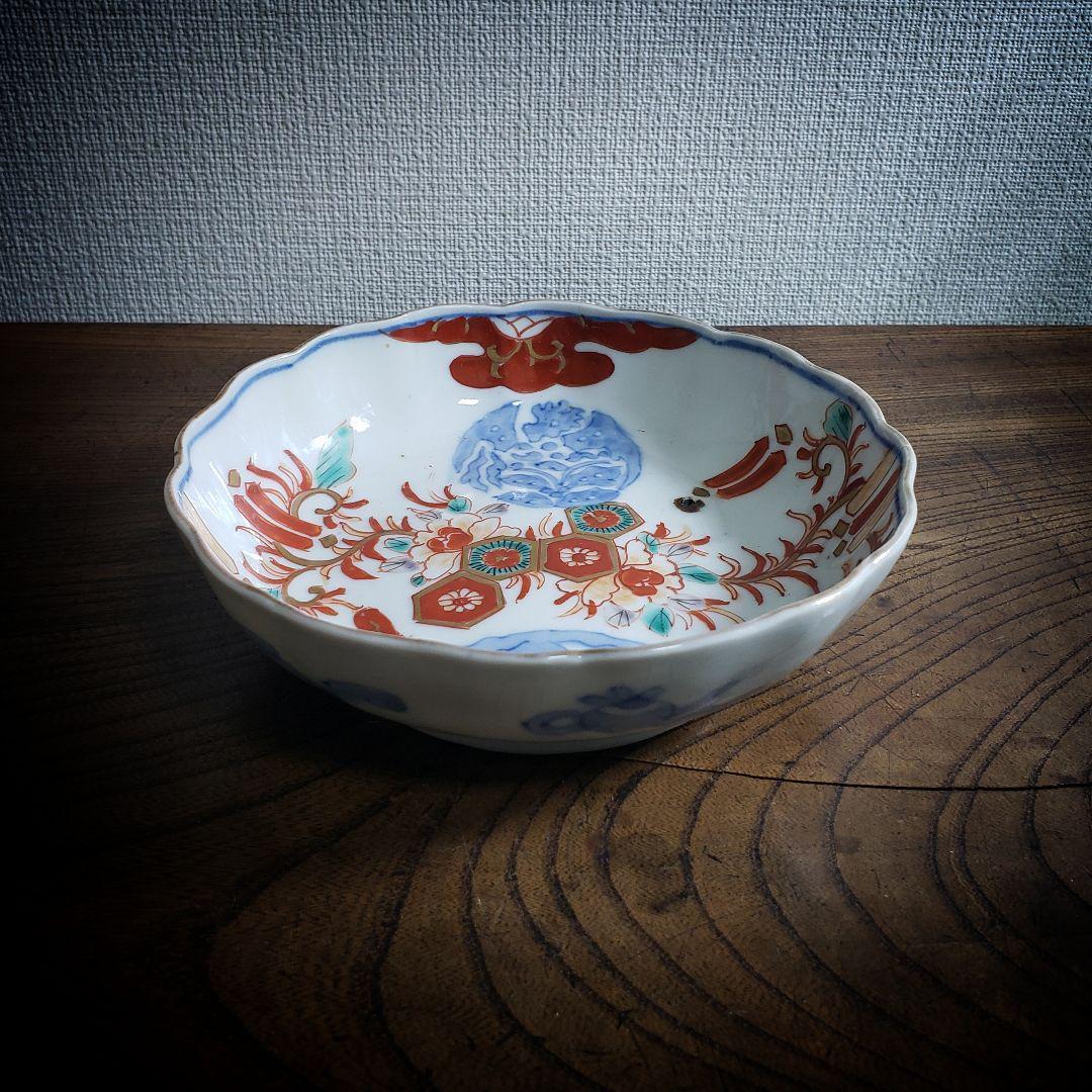 なます皿 古伊万里 色絵付 染付 花唐草 丸文様 亀甲 窯傷 イ号