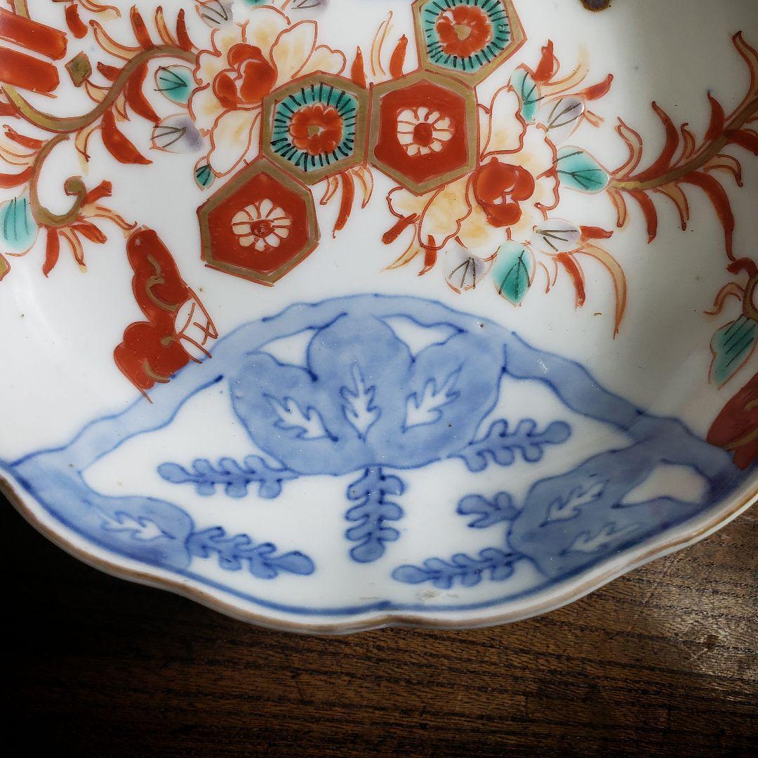 なます皿 古伊万里 色絵付 染付 花唐草 丸文様 亀甲 窯傷 イ号