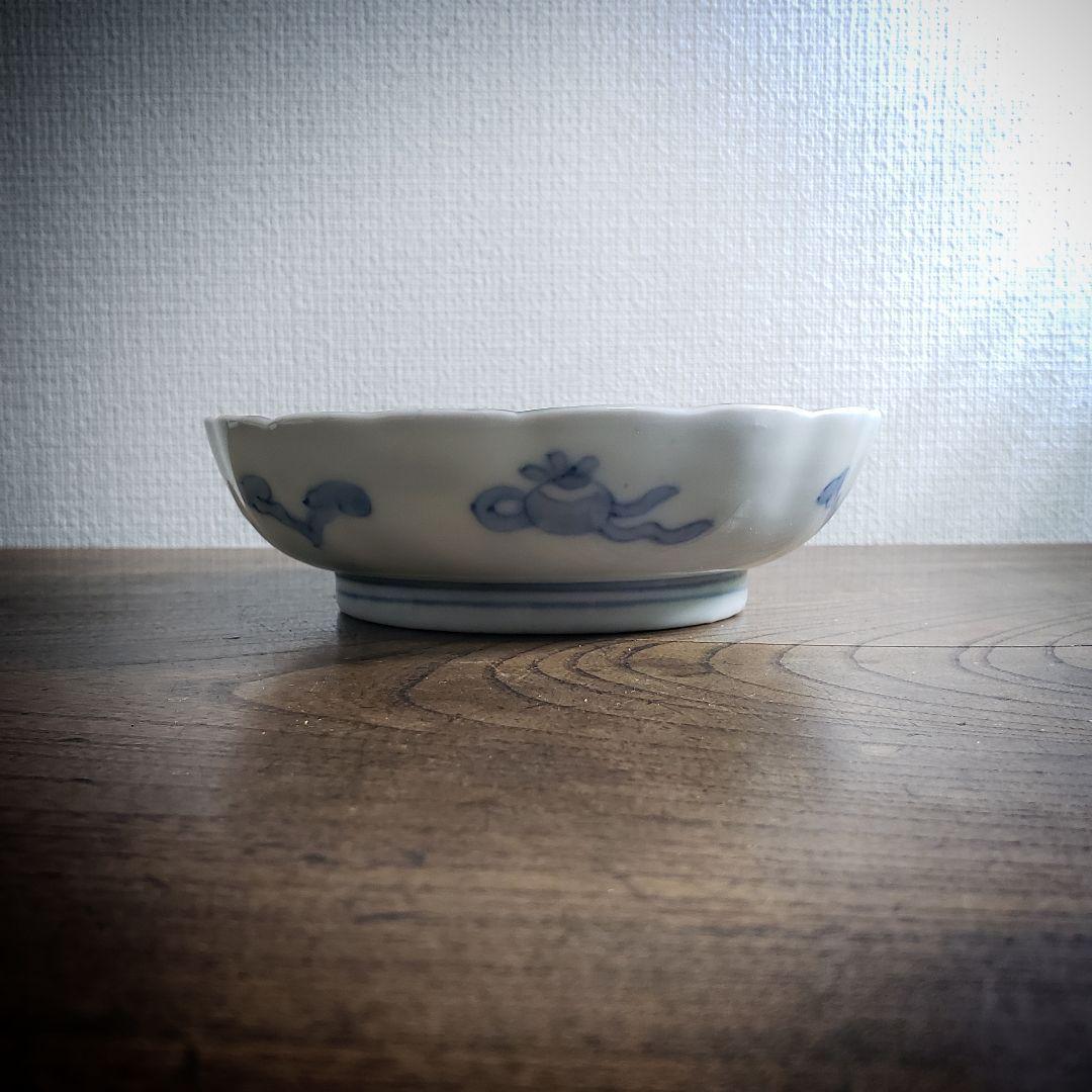 なます皿 古伊万里 色絵付 染付 花唐草 丸文様 亀甲 窯傷 イ号